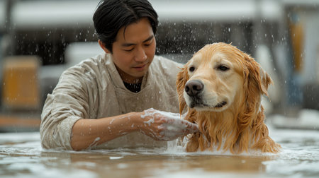 A man lovingly bathes his golden retriever in warm water.の素材