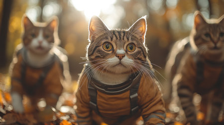 Curious feline astronauts venture through a colorful, leaf-strewn woodland.の素材