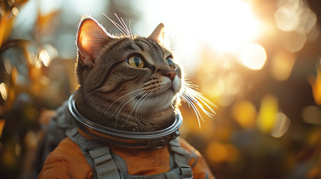 A cat in an orange suit marvels at the beauty of the glowing sunset.の素材