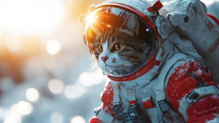 A curious cat dons a space helmet, gazing into the distant stars.の素材