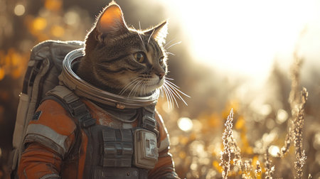 A cat in a spacesuit gazes curiously at its otherworldly surroundings.の素材