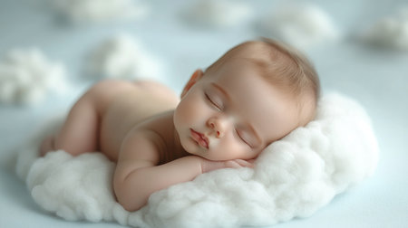 A peaceful infant rests serenely on fluffy white clouds, deep in sleep.の素材