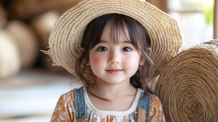 A cheerful girl smiles warmly, dressed in charming rustic attire.の素材