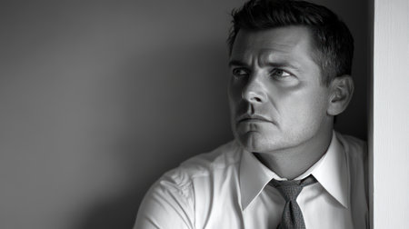 A man reflects quietly, lost in thought, in a dimly lit corner.の素材