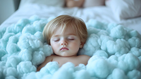 A toddler enjoys a blissful slumber surrounded by a soft, fluffy blanket.の素材