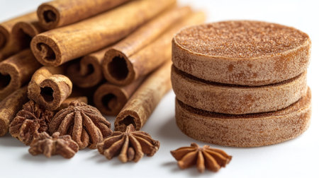 Cinnamon sticks and brown sugar discs create a warm, inviting culinary display.の素材