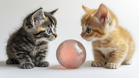 Two adorable kittens engage with a shiny pink ball on a bright surface.の素材