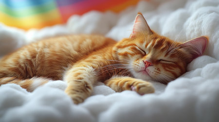 The orange feline enjoys a serene nap on soft, fluffy clouds of fabric.の素材