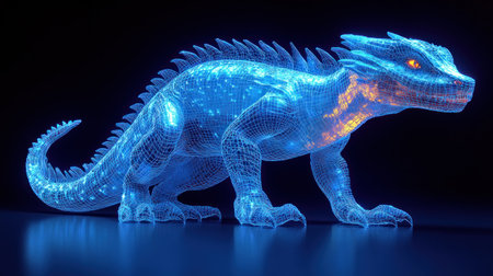 A glowing dragon figure made of intricate wireframe patterns and vibrant colors.の素材