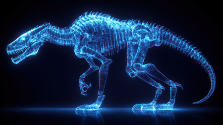 A luminous skeletal dinosaur model stands out in a dark, dramatic setting.の素材