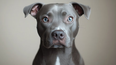 A curious gray dog with striking blue eyes looks directly at the viewer, exuding charm.の素材