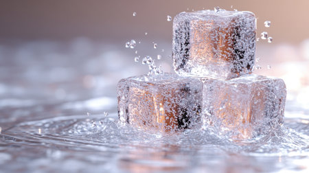 Water droplets cascade off ice cubes resting on a sleek surface.の素材
