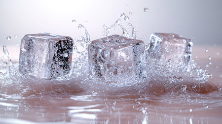 Ice cubes collide with water, creating dazzling splashes in serene surroundings.の素材