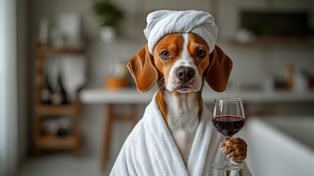 A beagle takes a break, enjoying a glass of red wine, perfectly at ease in a cozy robe.の素材