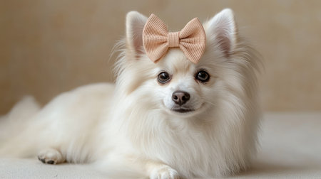 A fluffy Pomsky with a lovely bow rests comfortably, radiating charm and joy indoors.の素材