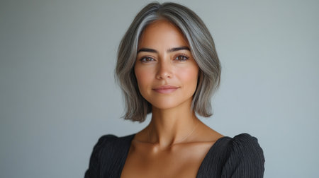 A woman with striking silver hair exudes confidence and grace in a serene setting.の素材