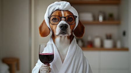 A beagle dressed in a bathrobe and glasses savors a glass of red wine, exuding charm.の素材