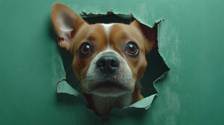 A playful dog gazes through a torn hole, showing its curiosity and vitality.の素材