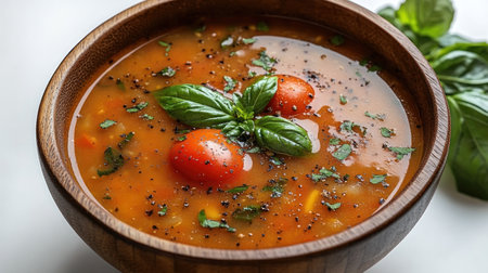 A comforting bowl of tomato basil soup topped with fresh herbs and cherry tomatoes.の素材