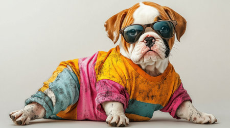 A fashionable dog relaxes in vibrant clothing, wearing oversized sunglasses with flair.の素材