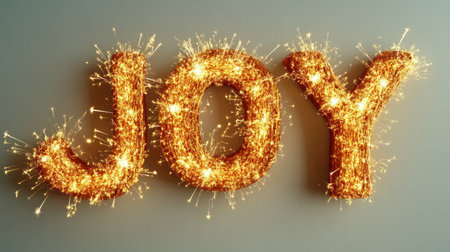 Brightly glowing letters spell joy, radiating warmth and celebration in soft light.の素材