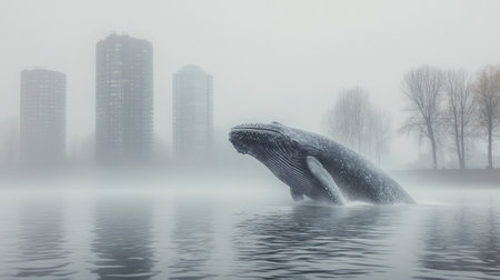 A whale surfaces from foggy water near distant tall city buildings.の素材