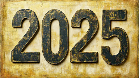 The year 2025 is artistically rendered in worn numbers against a rich, textured backdrop.の素材