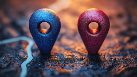 Colorful map markers glow on rugged terrain, brightening the area beautifully.の素材