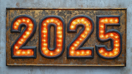 Brightly glowing numbers showcase the year 2025 against a weathered background.の素材