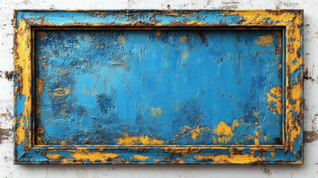 A weathered frame showcases a textured blue background with yellow accents.の素材