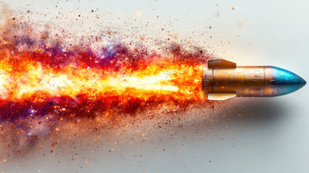 A rocket ascends powerfully, igniting the sky with brilliant flames and cosmic particles.の素材