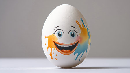 A cheerful egg character with playful paint splashes brings joy to the atmosphere.の素材