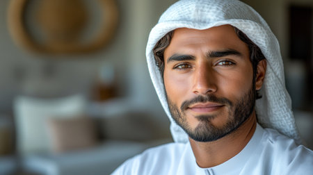 A young man in traditional atmosphere exudes warmth and confidence indoors.の素材