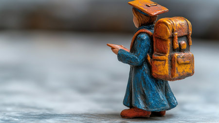 A small figure of a graduate, complete with a cap and backpack, gazes into the distance.の素材