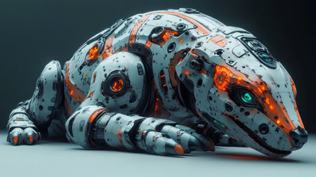 A detailed robotic creature relaxes, displaying intricate designs and glowing features.の素材