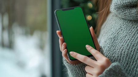 A person gently navigates their smartphone while cozying up by a winter window.の素材