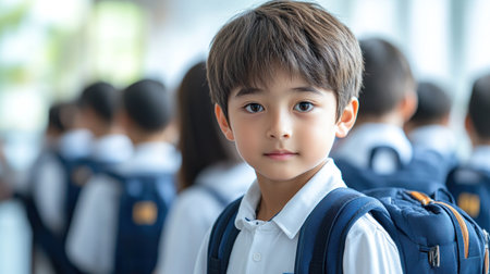A boy stands in a busy hallway, looking curiously at his surroundings with a backpack.の素材