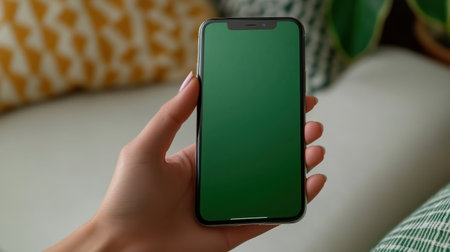 A person showcases a blank smartphone in a stylish, vibrant setting.の素材