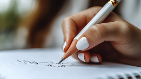 A hand with white nails skillfully writes in a notebook, creating a moment of creativity.の素材