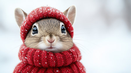 An adorable bunny dressed warmly in a red sweater plays joyfully in the snow.の素材