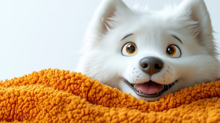 A fluffy dog with bright eyes joyfully peeks from a cozy blanket, radiating happiness.の素材