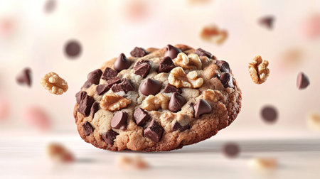 A freshly baked cookie hovers as chocolate chips and walnuts dance around it.の素材