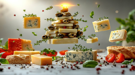 Cheeses and fresh herbs create a playful display on a rustic surface.の素材