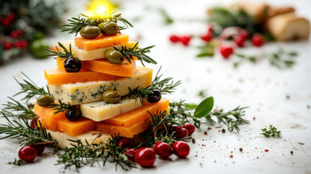 Deliciously arranged cheese slices stacked with olives and herbs for festive cheer.の素材