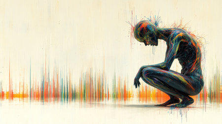 A solitary figure crouches, surrounded by a swirl of vivid lines expressing deep emotion.の素材