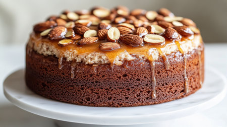 Decadent chocolate cake with caramel drizzle and almond topping invites dessert lovers.の素材