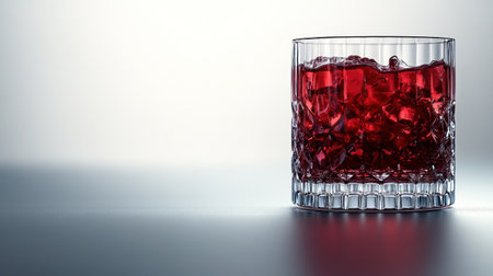 Crimson liquid with ice gleams in a glass, capturing the ambiance of a lively evening.の素材