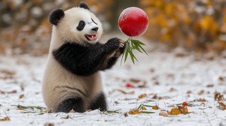 A young panda enjoys rolling a red ball while surrounded by autumn leaves and snow.の素材