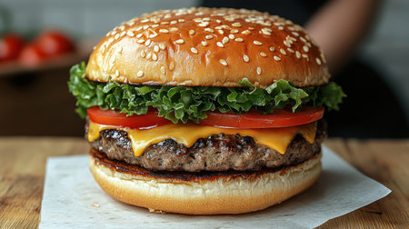 A delicious, towering cheeseburger showcases vibrant toppings in a cozy dining atmosphere.の素材