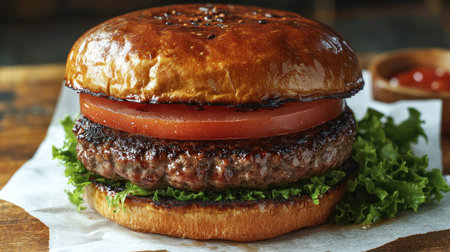A mouth-watering featuring burger crispy lettuce and fresh tomato stacked high.の素材